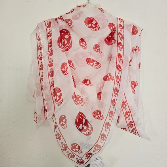 Alexander McQueen Skull Silk Scarf White Red - Picture 1 of 7
